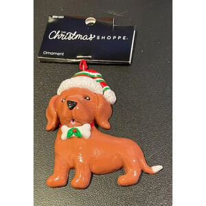 Dachshund Brown Dog Puppy Christmas Holiday Ornament‎ Santa Hat Bow NEW Clay